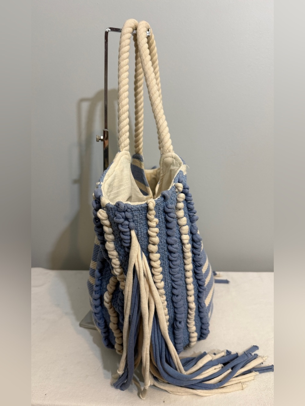 Striped Blue & Cream Fringe Tote Bag Rope Handles - Picture 3 of 16